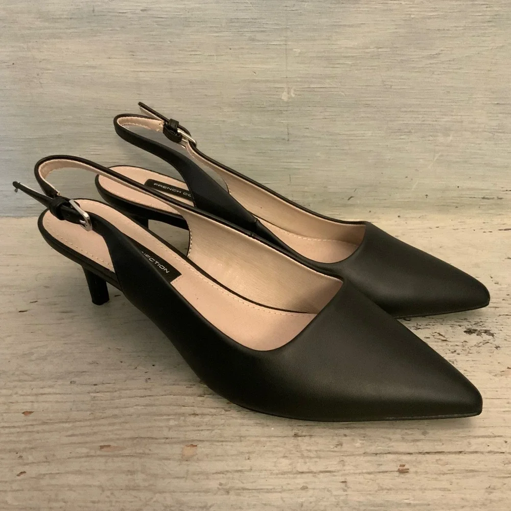 French Connection Faux Leather Matte Black Pointed Toe Slingback Heels Size 8 GC